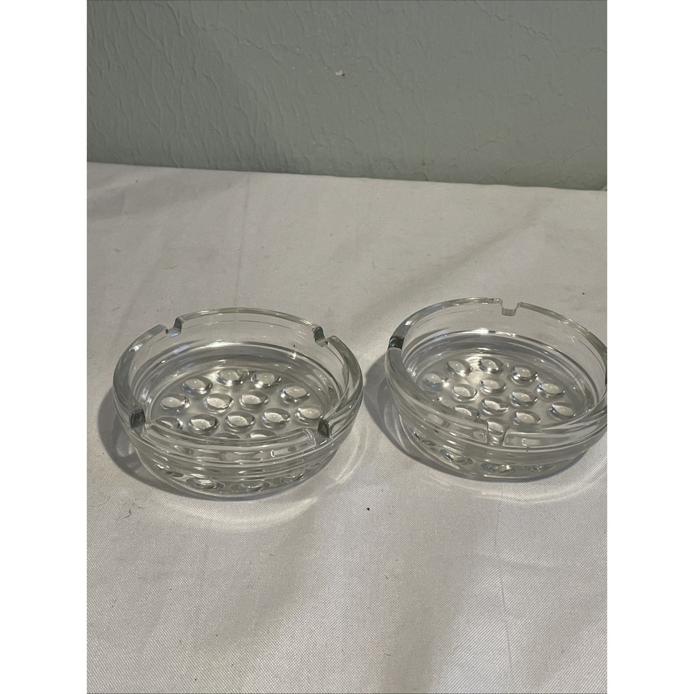 Vintage Set 2- Libbey 4" Nob Hill Clear 4 Slot Round Ashtray Glass Hobnail MCM - Picture 2 of 4